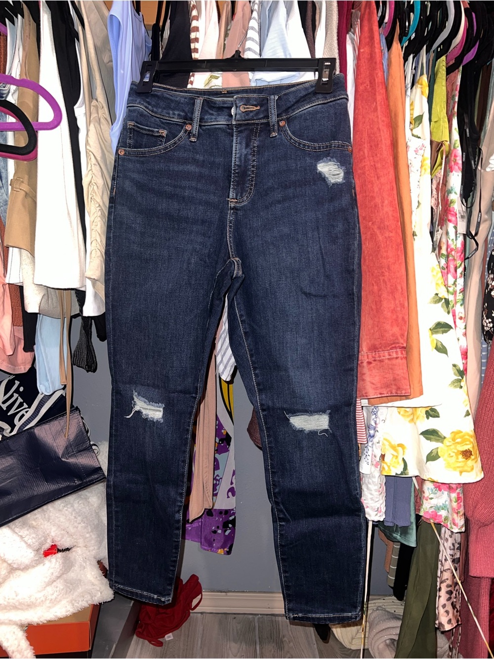 Express Dark Blue Distressed Curvy Skinny Jeans